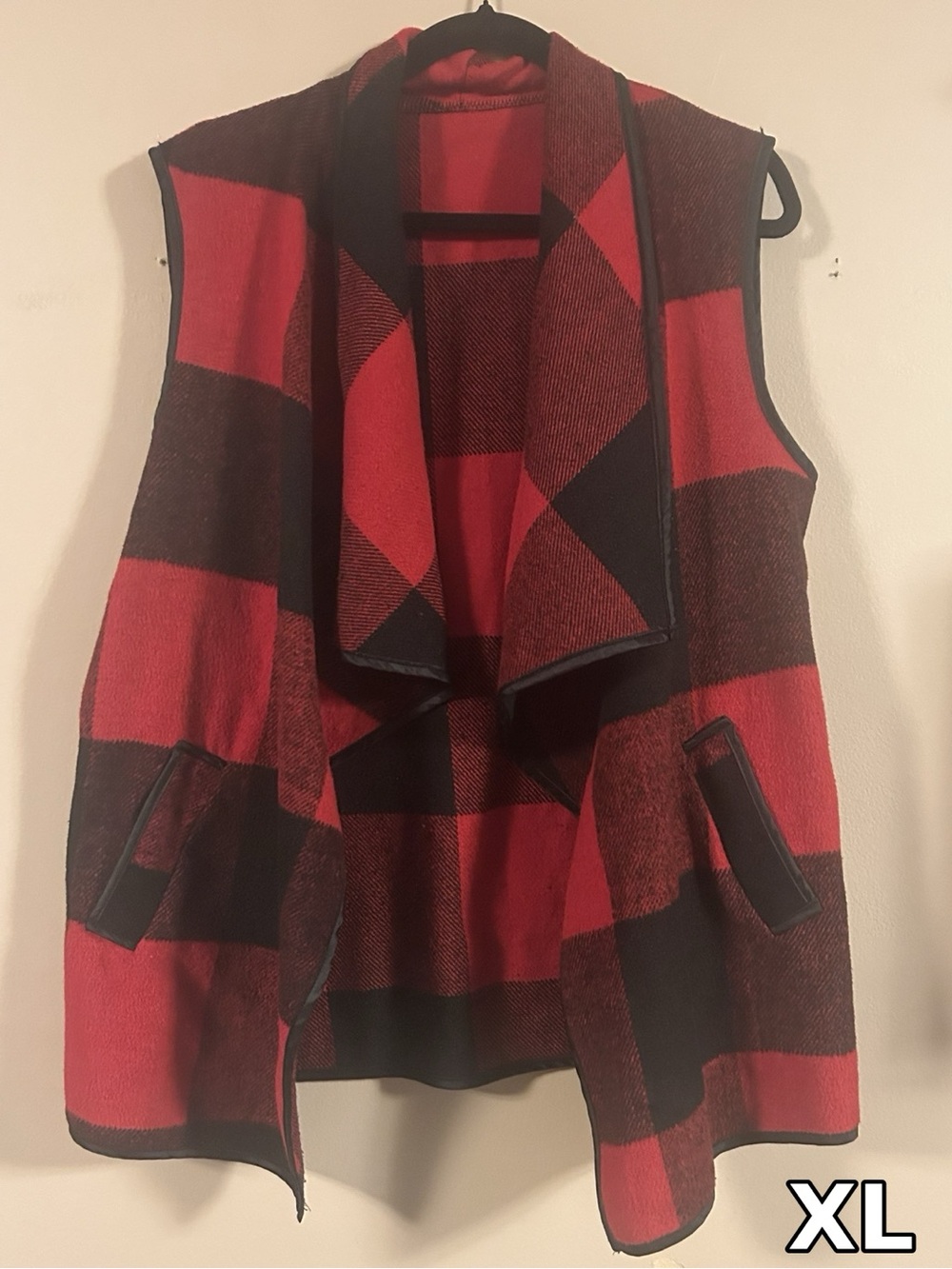 Red and Black Plaid Draped Sleeveless Cardigan Vest